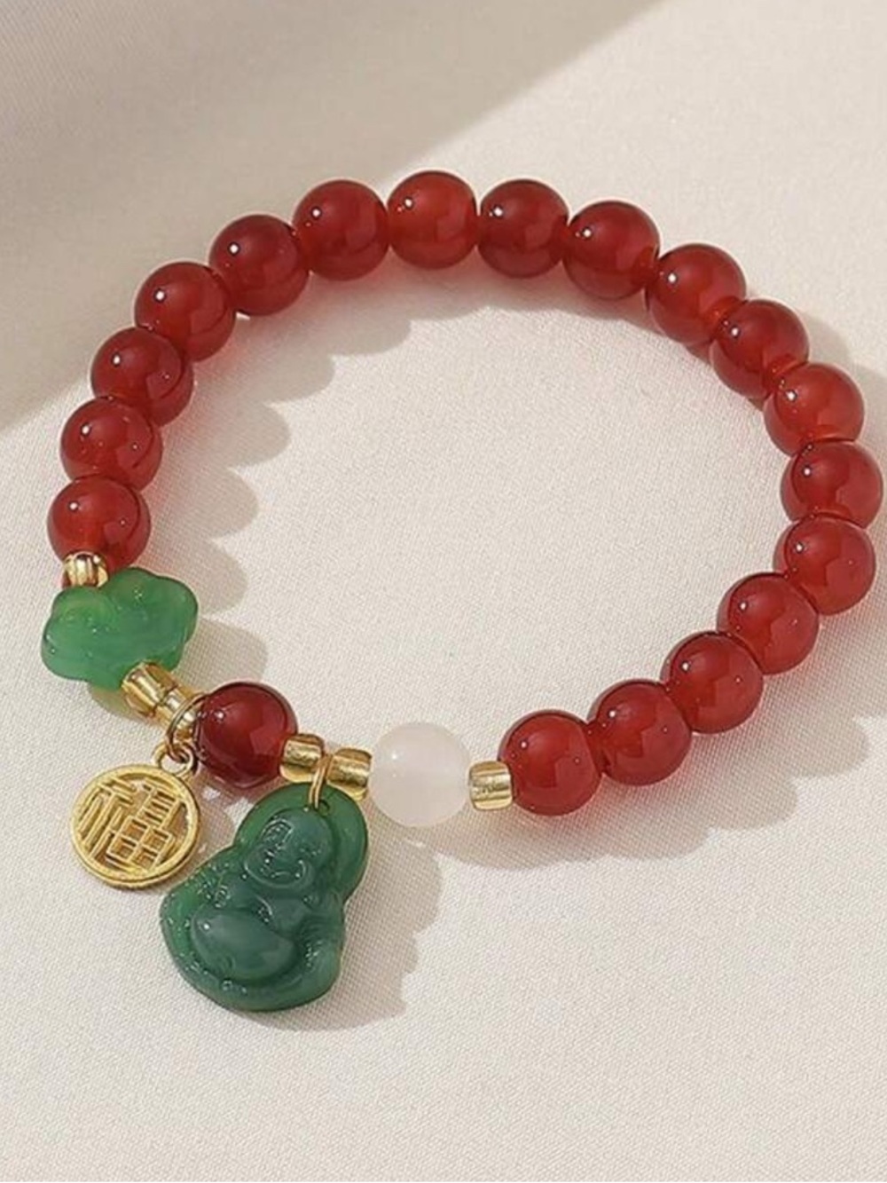 Red Beaded Bracelet with Green Jade Charms - Women Jewelry
